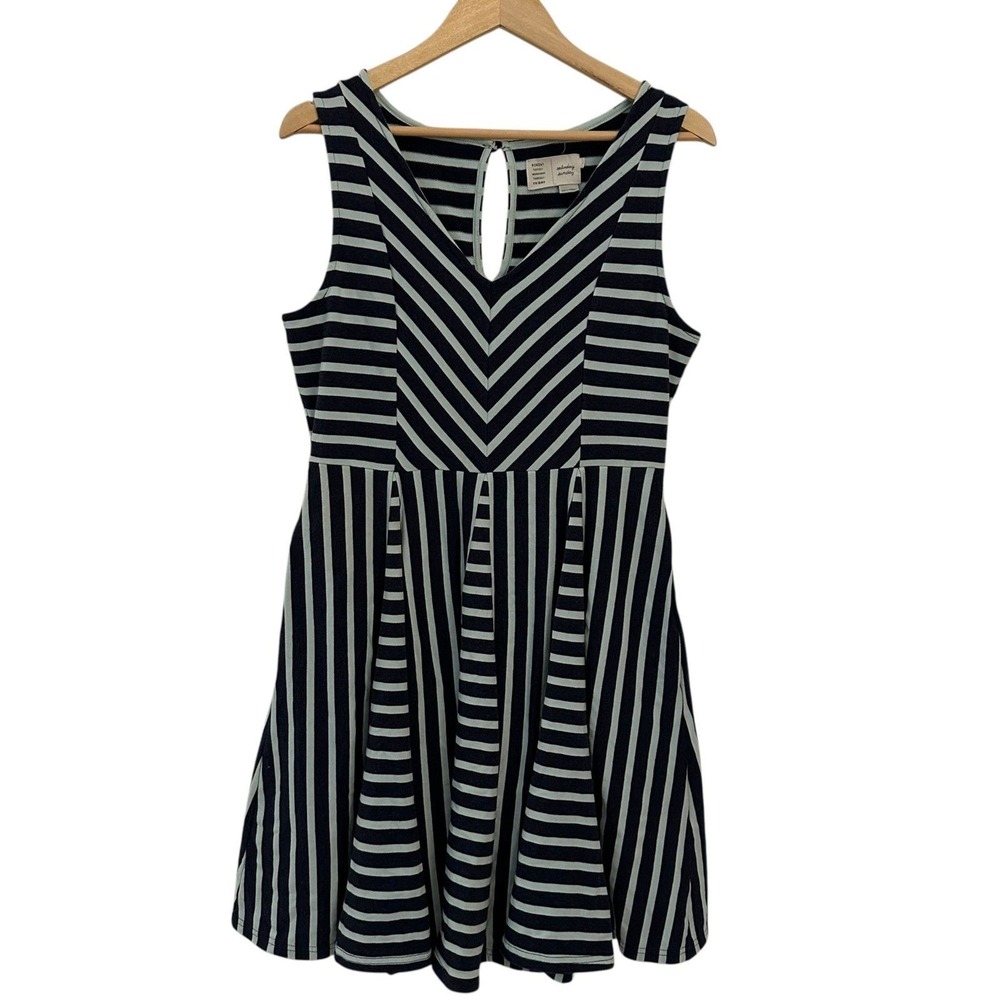 Anthropologie Saturday Sunday‎ Blue +Teal Striped V-Neck Sleeveless Dress L